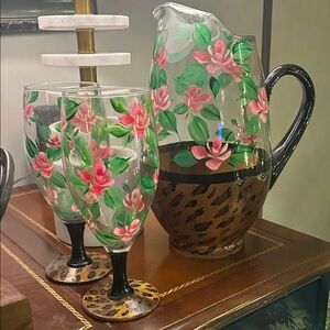 Floral Glass Pitcher and Goblet Set